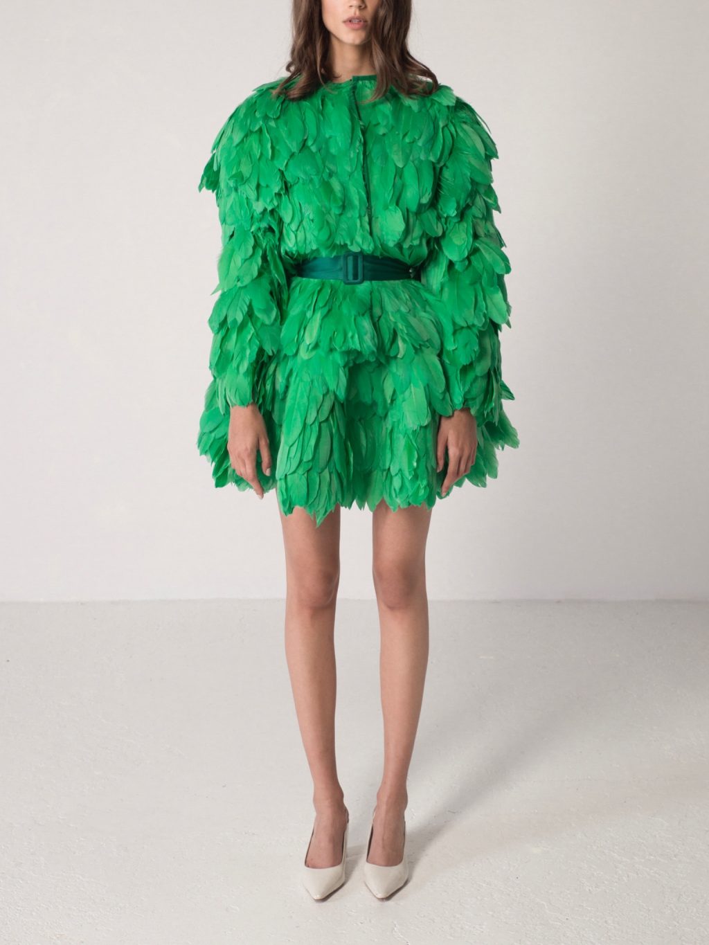 Emerald Feathered Full Circle Mini Skirt