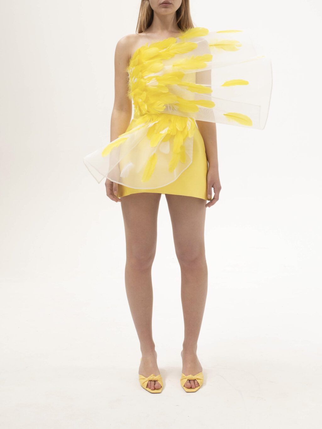 Short Dress With Feathered Detail in Yellow