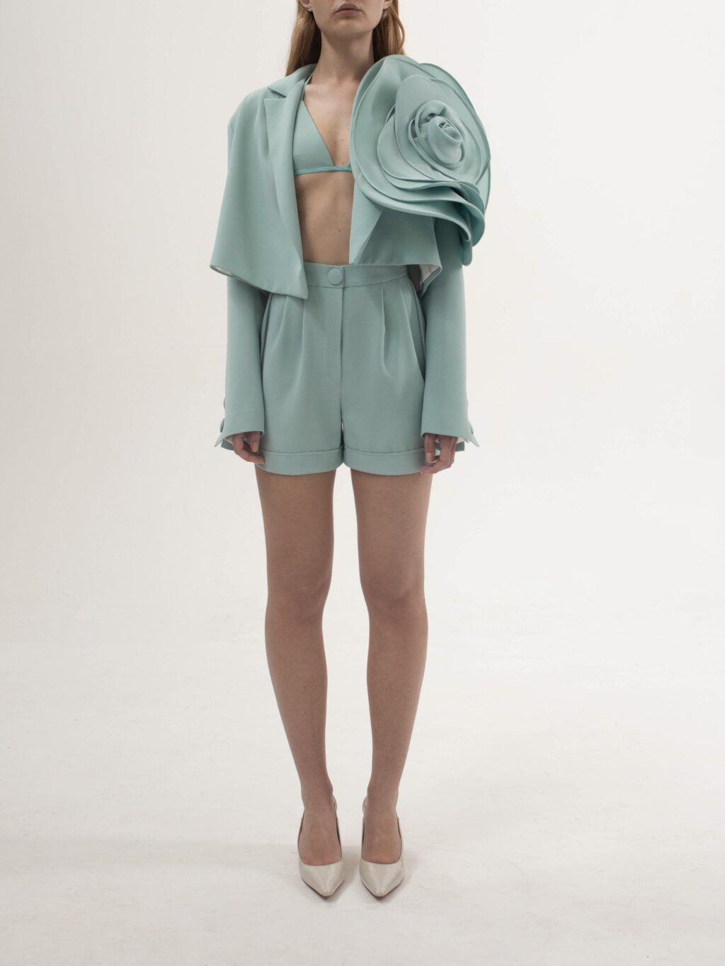 Cropped Jacket With Flower Detail in Mint