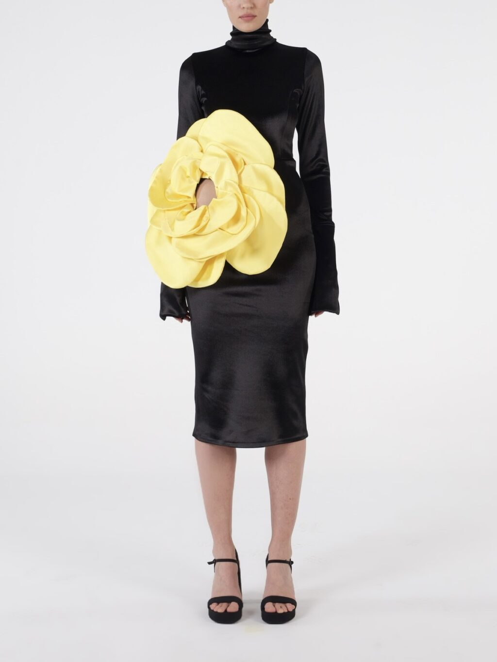 Black Midi Dress With Yellow Flower Detail