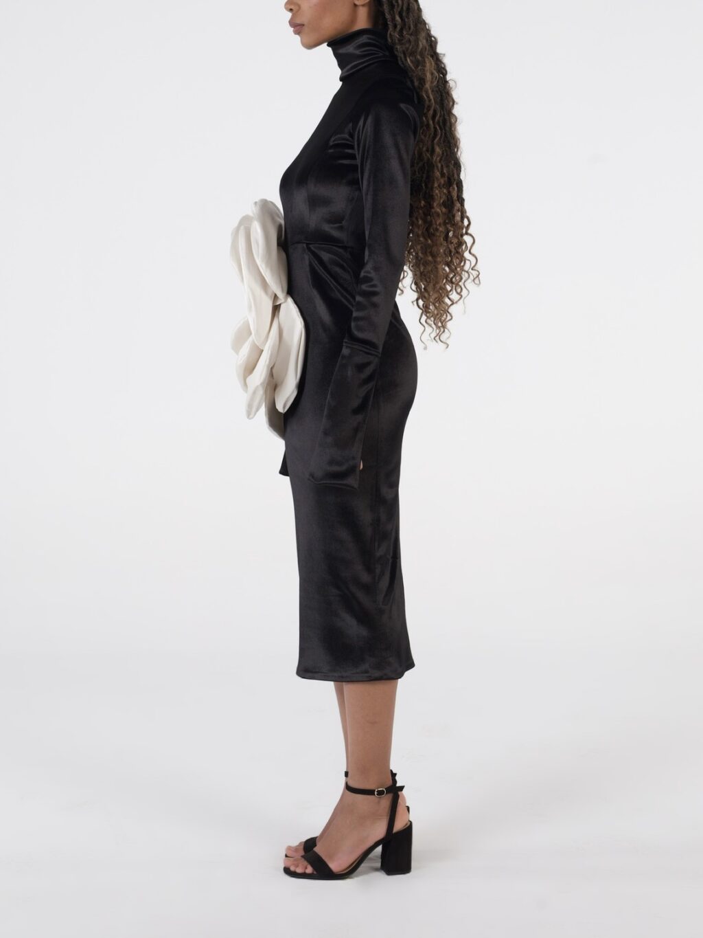 Black Midi Dress With White Flower Detail