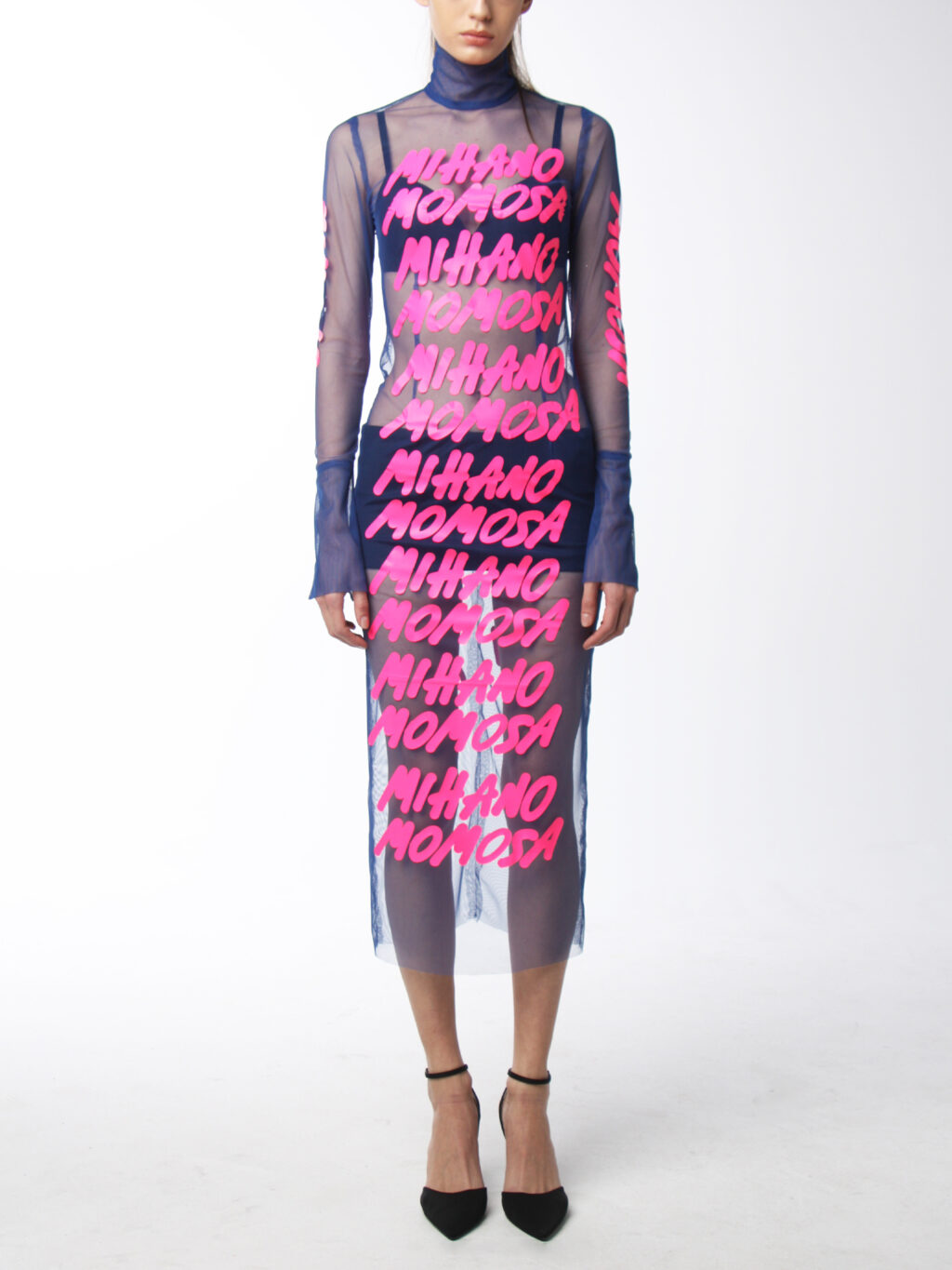 Sheer Navy Midi Dress With Print