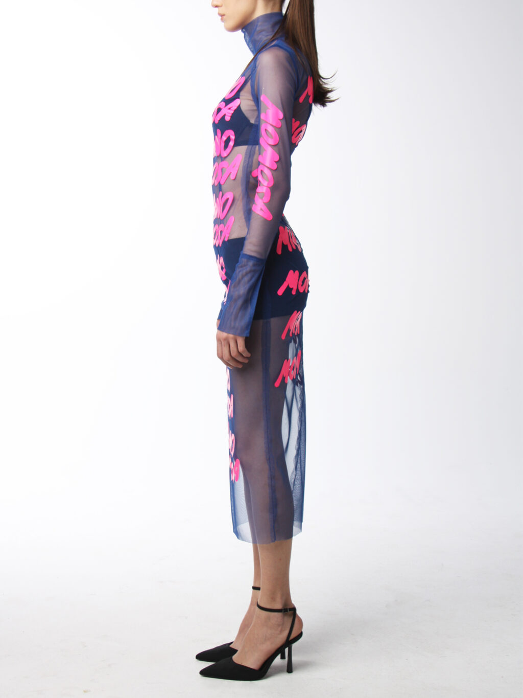 Sheer Navy Midi Dress With Print