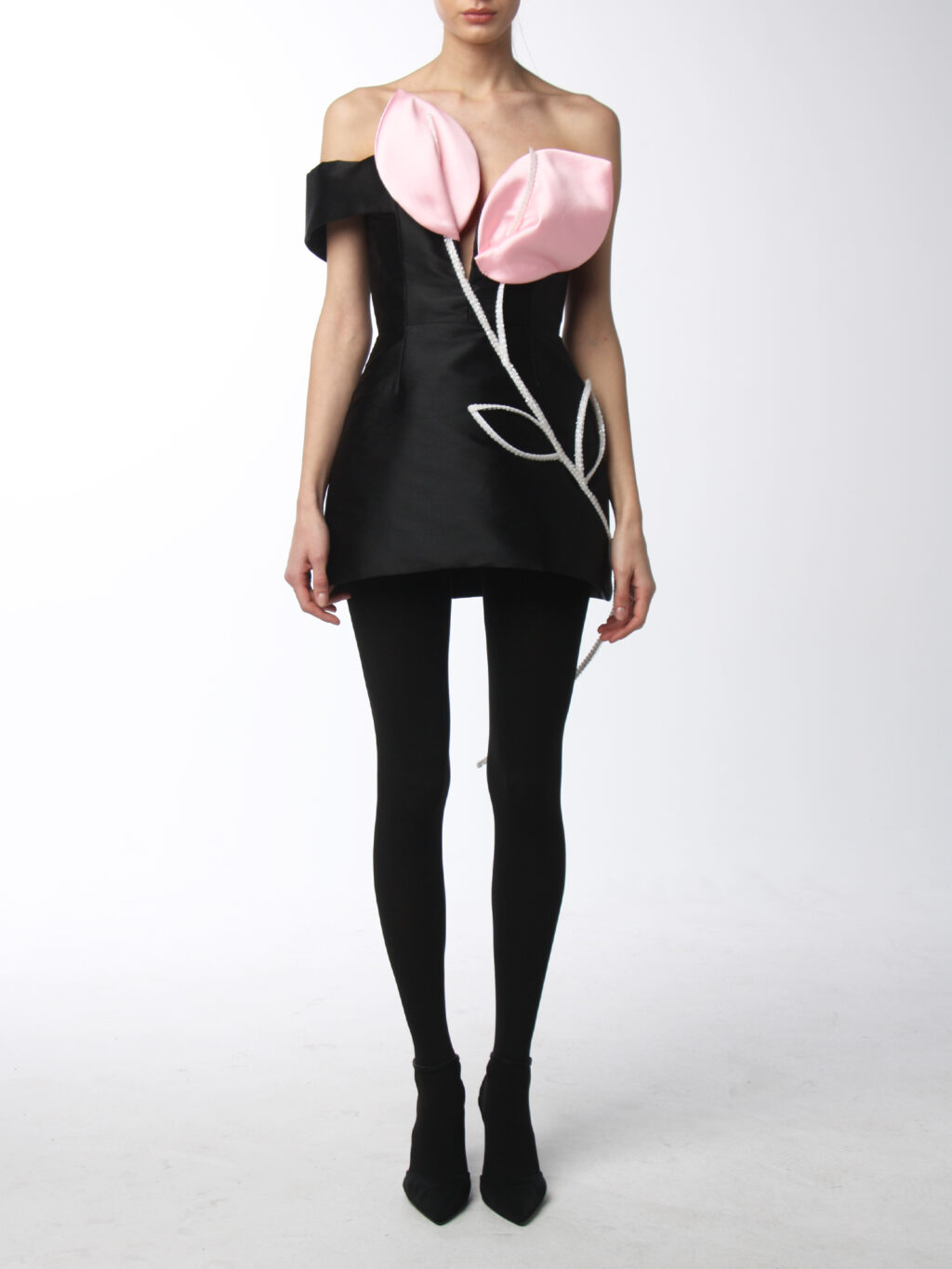 Mini Black Dress With Flower Detail